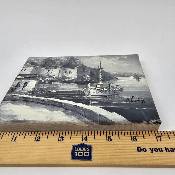 Vintage Painting Canvas Signed Small Water Scene Harbor Boat Landscape Grayscale - Picture 8 of 10